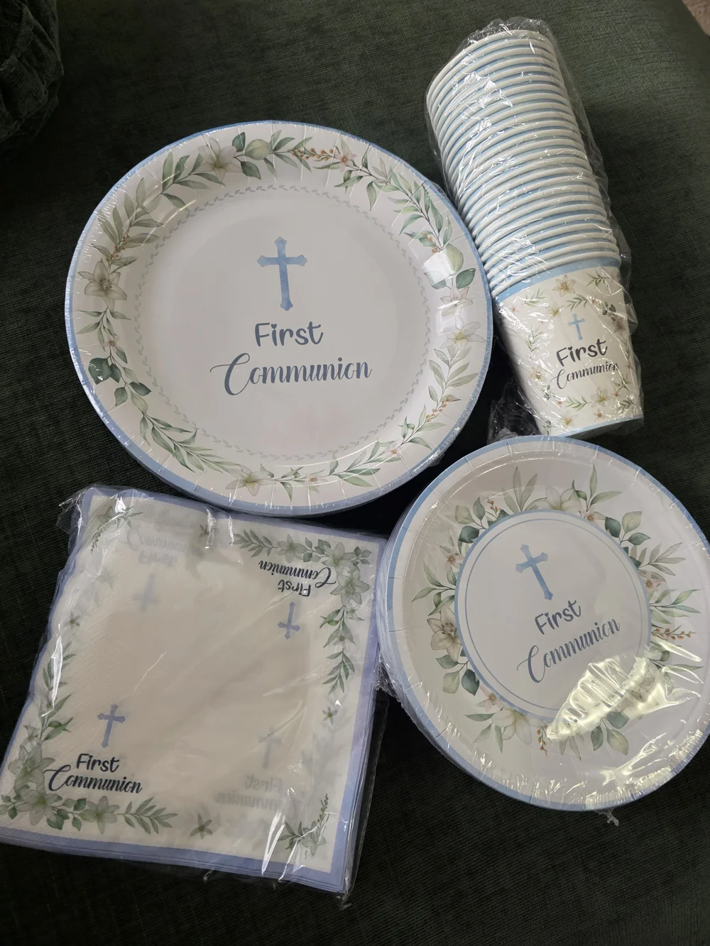First Communion Party Paper Plates & Cups Set - Blue